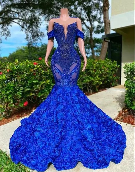 Blue Mermaid Royal Evening Kleider für schwarze Mädchen Mesh Glitter Pailletten Rüschen Kristall Off Schulterparty Prom Kleid Robe de Bal