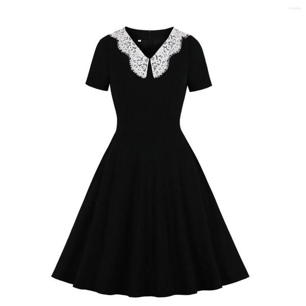 Lässige Kleider Vintage Spitze Schwarze Frauen Kleider gegen Nacken Kurzarm Retro 50er 60er Rockabilly Party Swing