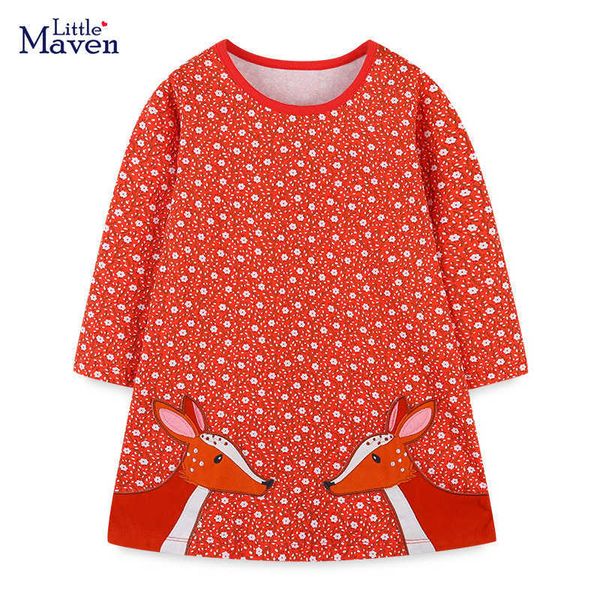 Vestidos de menina Little Maven 2022 Autumn Casual Casual Cotton com cervo adorável meninas de mangas compridas vestido doce para crianças 2-7 anos G230222