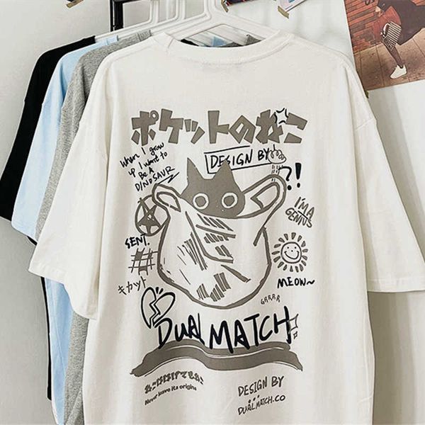 Damen T-Shirt 100 % Baumwolle Harajuku Japan Kanji Cartoon Katzen Grafik T-Shirts Neue Hip Hop Lustige Männer Frau T-Shirts O-Ausschnitt Übergroße Casual Tops L230223