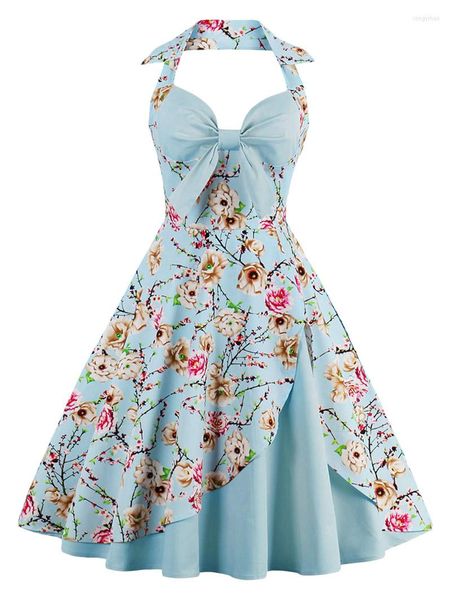 Lässige Kleider, Blumendruck, Neckholder, Vintage-Kleid in Übergröße, 50er-60er-Jahre, elegant, V-Ausschnitt, Party, Retro, Big Swing, Rockabilly, Damenbekleidung