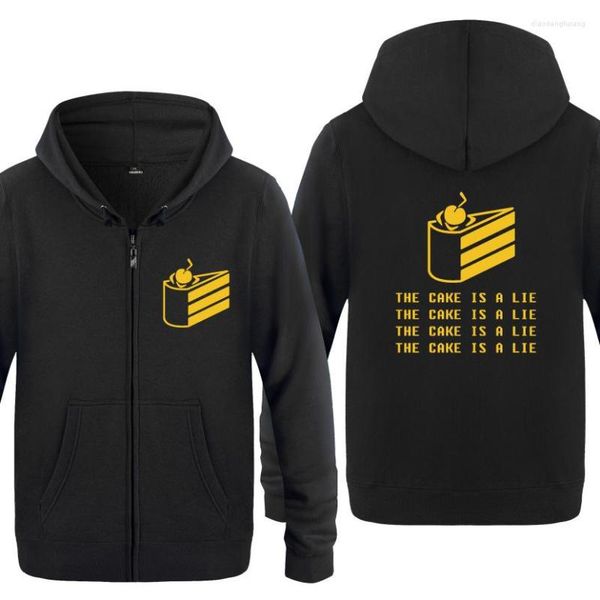 Hoodies masculinos O bolo é uma mentira imprimida Men Game Fleece Manga Longa Zipper Jaqueta Selta Casal Fitness Tracksuit Moleton Masculino