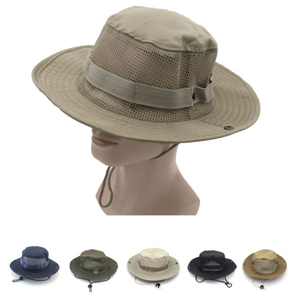 Cappello da pescatore in rete di design Camouflage Jungle Berretto militare per adulti Uomo Donna Cowboy Cappelli Boonie regolabili Pesca Primavera Estate Autunno Inverno Packable Army Hat