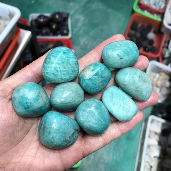 Estatuetas decorativas verde natural azul amazonite a granel em massa reiki polido cristais de cura oval decoração de tanque gemtones specime