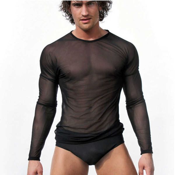 Erkek Tişörtler Hirigin Erkekler Canlağı Eşcinsel Giyim Naylon Mesh Gömlek Saf Sheer Uzun Kollu Tişört Seksi Şeffaf Gömlek İç Giyim 022223H