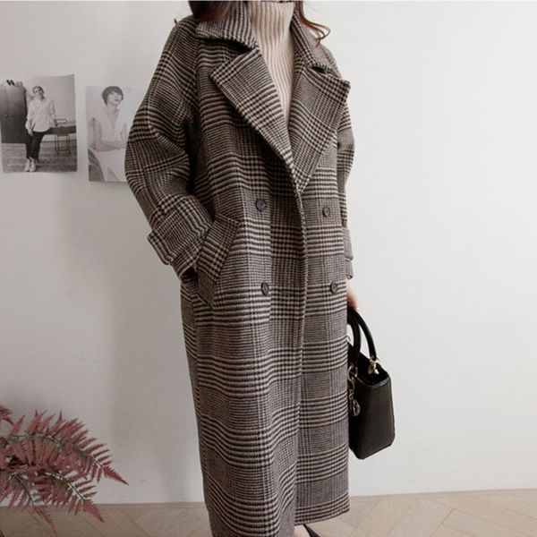 Kadın Ceketleri Kore moda ofisi bayan sonbahar kış uzun kaşmir ceket kadın ekose yün ceketli palto takım elbise 2023 230223
