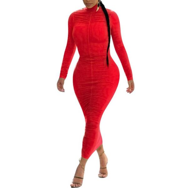 Abiti casual Elegante dolcevita increspato abito da donna 2023 Autunno Inverno sexy lungo Seeve aderente rosso Natale Club Party Robe