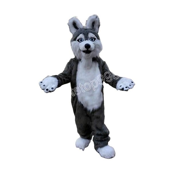 Halloween Grey Long Fur Husky Dog Mascot Costumes simulazione Cartoon Anime tema personaggio Adulti Taglia Natale Pubblicità esterna Outfit Suit For Men Women