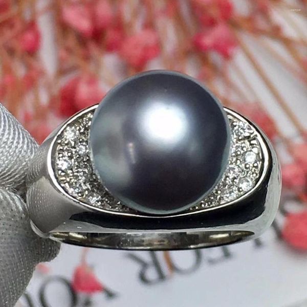 Rings de cluster Real Pt900 Nature Diamonds e Tahitian Black Pearl 10.6mm fêmeas femininas para mulheres jóias