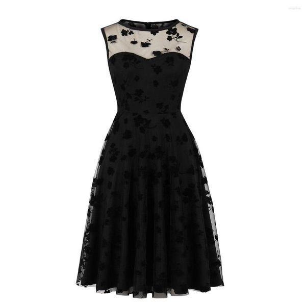 Vestidos casuais vestido de festa feminina sem mangas e malha bordada de malha bordada Retro Vintage High Cisting O Pescoço de retalhos elegante femme