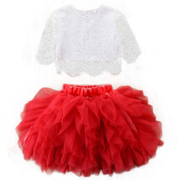 Abiti da ragazza Neonate Mezza manica in pizzo Camicetta bianca in pizzo Top T-shirt Gonna tutu 2 pezzi Set di abbigliamento Abiti per bambini per bambini Abbigliamento completo Z0223