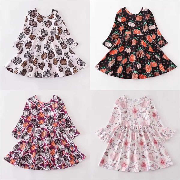 Mädchenkleider Girlymax Herbst Halloween Baby Mädchen Kinder Kinder Kleidung Milch Seide Blumen Bauernhof Kürbis Print Twirl Kleid Knielang Langarm Z0223