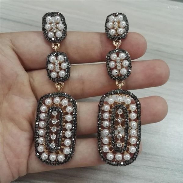 Dangle Küpe Dikdörtgen Geometrik Şekli Kolye Takılar Pave Beyaz İnci Siyah Kristal Rhinestone Boncuklar Kadınlar için Uzun Küpe Geri İttirin