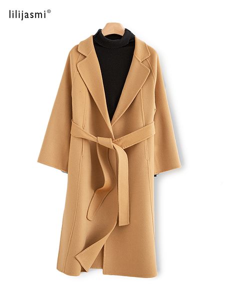 Giacca da donna Classic 100 Lana Cappotto lungo Collo con risvolto Cintura Doppio strato Ampio risvolto a tacca Cappotto a maniche lunghe 22 Autunno Inverno 17 230223