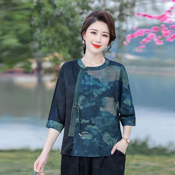 Abbigliamento etnico 2023 Candamino cinese Tand Vintage tradizionale Cheongsam Top Floral Stamping Ancient Blouse Women Women Round Neck Qipao Pd