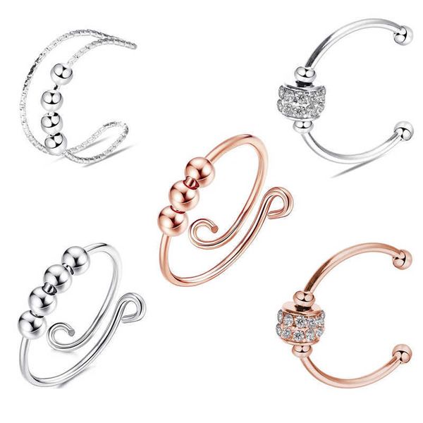 Bandringe Neuer minimalistischer Angstring für Frauen Zappelringe Männer Antistress Rotate Spinner Meditation Perlen Ring Schmuck Geschenk Kupfer G230213