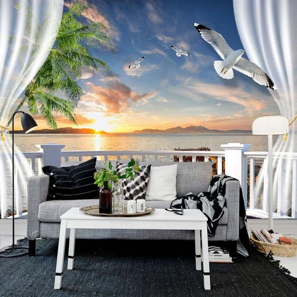 Wallpapers Po Wallpaper 3D Stereo Balkon Vorhänge Sonnenuntergang Seascape Wandgemälde Wandtuch Wohnzimmer TV Sofa Hintergrund Home Decor Fresko