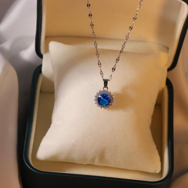 Anhänger Halsketten GD Vintage Blaue Runde Kristall Halskette Choker Für Frauen Geschenk Silber Farbe Edelstahl Halskette Schmuck Nicht Anlaufen