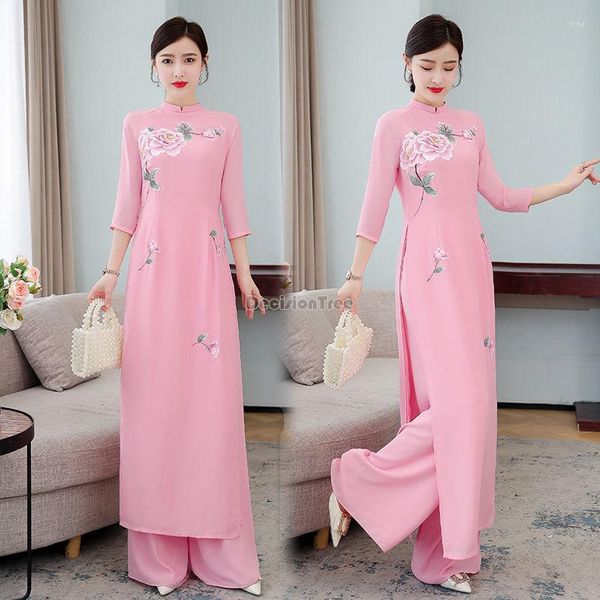 Roupas étnicas Slim Vietnã Aodai Vestido de manga longa Mulheres impressão tradicional de flor elegante QIPAO PARTS TOP PARTS