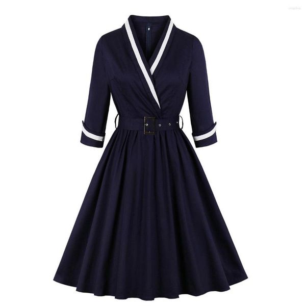 Casual Kleider S-4XL Plus Größe Frauen Elegante Party Kleid Vintage Wrap Belted Plissee Herbst Baumwolle Tunika 3/4 Ärmel Büro dame