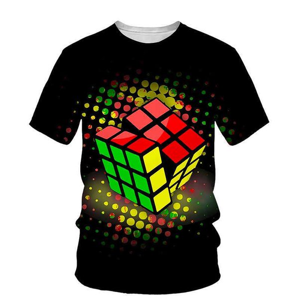 Camisetas masculinas Padrão de cubo de Rubik 3D Men, camiseta, tendência de verão o pescoço de manga curta moda lota tee hip hop casual masculino 022223h