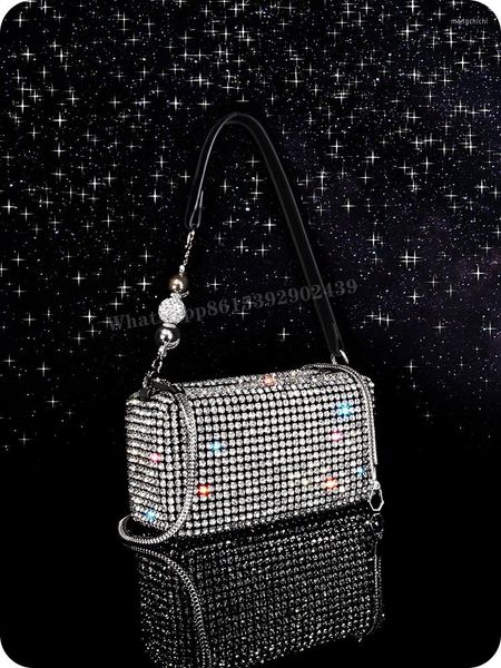 Borse da sera Luxury Woman Full Crystal Crossbody 3D Cuboid Shoulder Bling Silver Rhinestone Black Sexy Mini Tote Chain String Bead Party