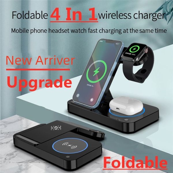4 em 1 Qi Fast Wireless Charger Stand para iPhone 13 11 12 Apple Watch Dock Station dobrável para Airpods Pro iWatch Samsung Xiaomi Mi Huawei Smartphones