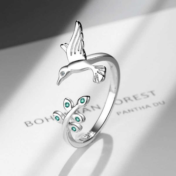 Anéis de banda Ventfille 925 Sterling Silver Flying Bird Spring Tree Folhe Dinger Ring para mulheres Tamanho aberto Hummingbirds Jóias de noivado G230213