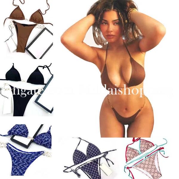 Kadın mayolar tasarımcı bikini g zincir seksi plaj bikinis mayo moda mektup yazdırılmış yaz bölünmüş mayo strappy bikinis kadınlar için