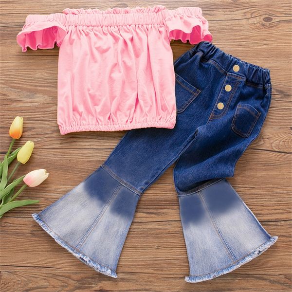 Джинсы Дети носят девочку градиент колокольчики джинсовые джинсы высокая талия сплайсинговой топ и юбки, установленные для подростков девушки, подростки 230223