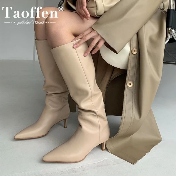 Stiefel Taoffe Größe 33-43 Frauen echtes Lederknie hochspitzer Zehen Dünner Ferse Slip auf Party Club Winter Ladies Footwear 230223