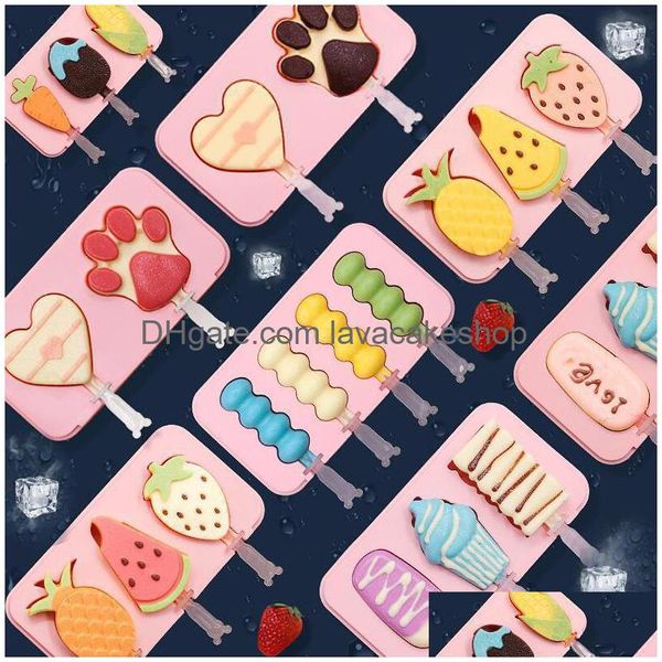 Strumenti per gelato Sile Mold Popsicle Stampi siamesi con coperchio Fai da te Fatto in casa Lollymold Cartone animato Immagine carina Fatto a mano Drop Delivery Home Gard Dh3Lv