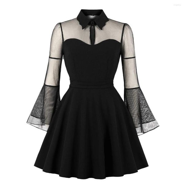 Casual Kleider Gothic Schwarz Frauen Kleid Plus Größe Mesh Patchwork Ausgestellte Ärmel Vintage Langarm Mini Vestido Robe Stil Dunkel