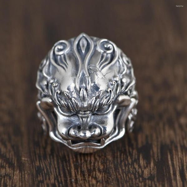 Rings de cluster real S925 Sterling Silver Animal Men Ring Vintage Craft Men Thai Good Luck Beast Style Jewelry Gifts