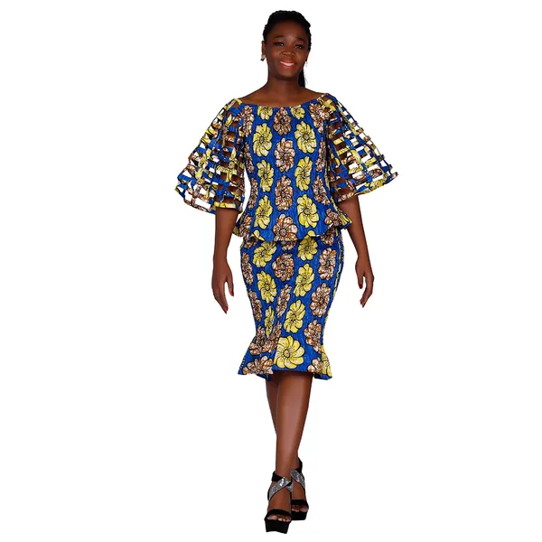 Dashiki Party Dress Set gonna africana per donna Ankara Lunghezza al ginocchio Elastico con spalle scoperte Manica cava Abito donna africana WY650