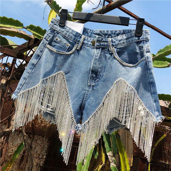 Mulheres Shorts Indústria de Cadeia Pesada Tassel Tailândia Denim Mulheres rasgadas na cintura alta uma linha Jean calça 230222