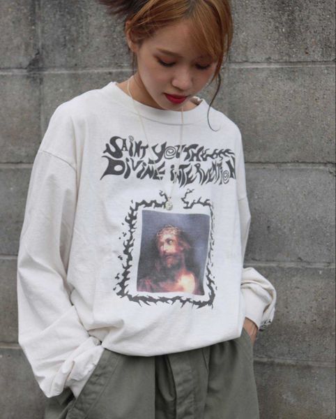 Designer-Mode-Hoodie Saint Michael Head Figure Pattern High Street American Style Casual Loose Old Couple Beliebtes Langarm-T-Shirt