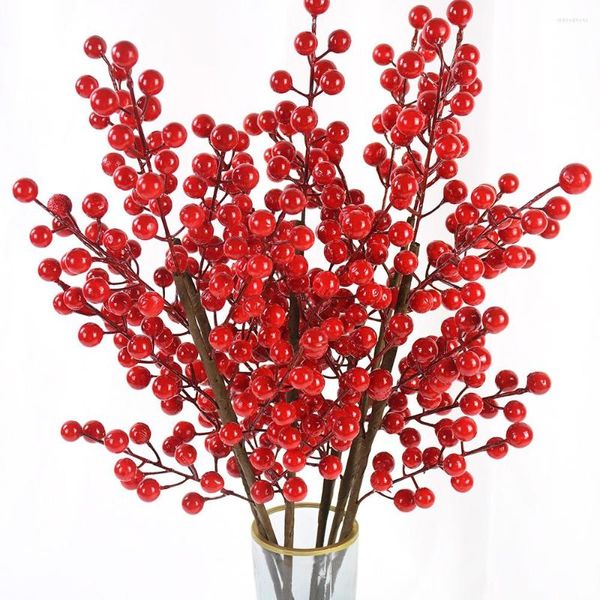 Flores decorativas 1/2pcs Decoração de Natal Red Berry Stamen Branch Buquê Artificial Flower Bouquet Para Decoração de Vaso de Vaso de Natal Ano de Planta Falsa