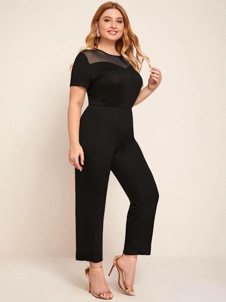 Calças plus size size elegante mola mola malha de retalhos de retalhos de manga curta feminina feminina sólida cintura elástica preta sólida 6xl 7xl