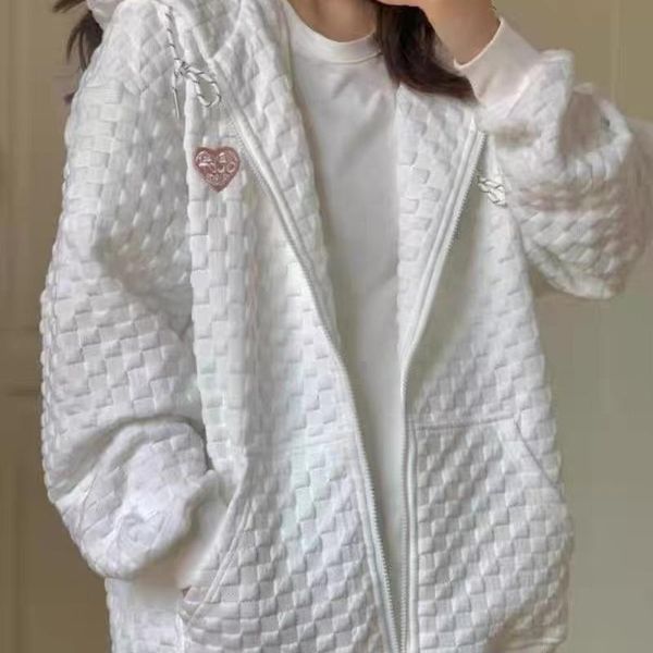 Damen Hoodies Sweatshirts Frauen Mode Reißverschluss Koreanischer Stil Langarm Paar Waffelmäntel Y2K 2023 Solid White Herbst Kawaii ClothesWo