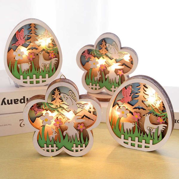 Decorazione del partito 2023 Pasqua in legno LED Luce notturna per la casa Uova di coniglio Ornamenti floreali Lampada Regalo per bambini Bomboniere Forniture Y2302