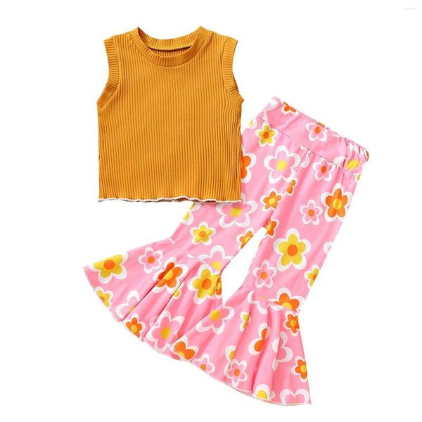 Set di abbigliamento 2023 1-6Y Summer Kids Girl Arancione senza maniche Girocollo Top Gilet Pantaloni svasati floreali Sweet Baby Outfits Set