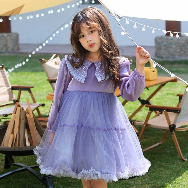 Vestidos de meninas Meninas da primavera e outono vestidos de manga longa 2022 Novo colarinho fofo colarinho menina tule tulle princess vestido de crianças casual z0223