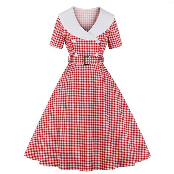 Casual Kleider Plus Größe Sommer Kleid Frauen Swing Vintage Robe Femme Elegante Plaid Patchwork Pin Up Party A-Line Gürtel