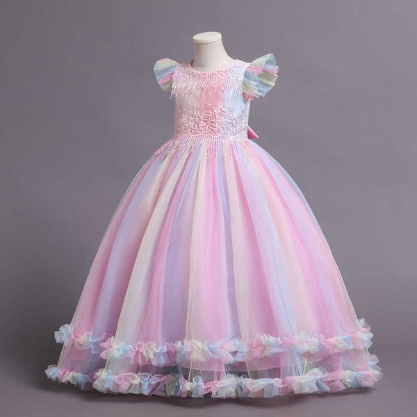 Kız Elbiseleri Her 2022 Yeni Kızlar Zarif Örgü Prenses Elbiseler Moda Sinek Kollu Gökkuşağı Gelinlik Çocuklar Uzun Tül Parti Giysileri Z0223