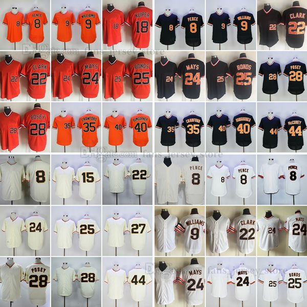 Maglie da baseball di film Pence Williams Bochy Kuiper Clark Mays Obbligazioni Marichal Bonds Posey Cepeda Crawford Perry Bumgarner McCovey Cueto