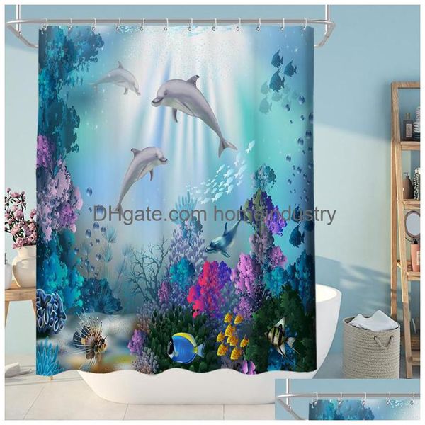 Cortinas de chuveiro 180x180cm Polyester ￠ prova d'￡gua Cortina de monte Ocean Cen￡rio de animais de impress￣o digital de impress￣o digital Delive Delive Dhlpm