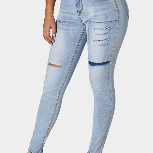 Jeans femininos Blue lavado desbotado magro 230223