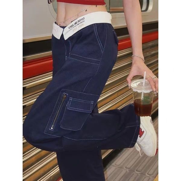 Jeans femininos americano retro design sentido recusado dois vestindo cintura alta mulheres retas contraste cor hiphop perna larga macacão 230223