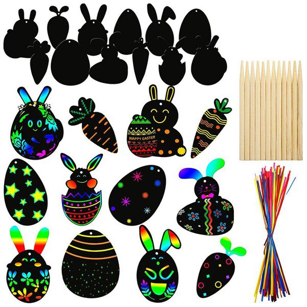 Paskalya Partisi Oyunu Kolye Çocuk Temelleri Diy çizik renkli kağıt tavşan turp yumurtaları bir set 12 ve 4 ahşap kalem stresi hafifletir